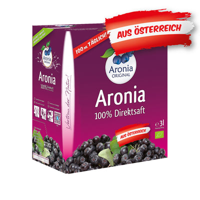 3 l bag-in-box aronia 100% not-from-concentrate juice, red sticker "100 ml daily!", note "from Austria", Organic seal