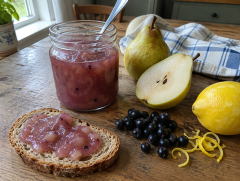 Aronia-pear jam with lemon in a jar and on bread, with pears, lemon, and aronia berries (symbolic image)