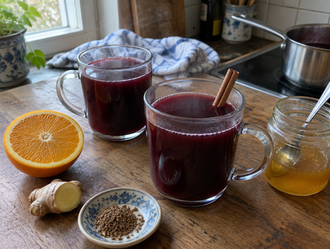 Two glasses of hot aronia-elderberry punch with cinnamon stick, orange, ginger and honey (symbolic image)