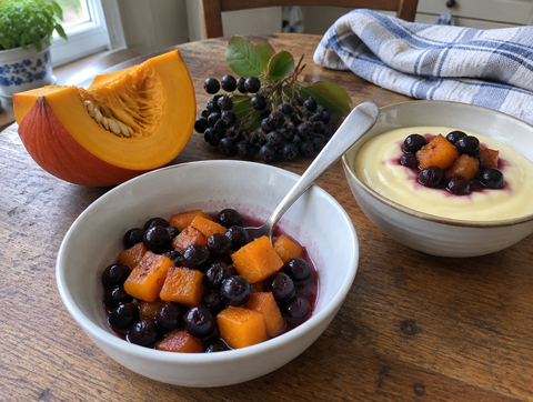 Aronia-pumpkin compote in a bowl, with vanilla pudding and compote, and a piece of pumpkin (symbolic image)