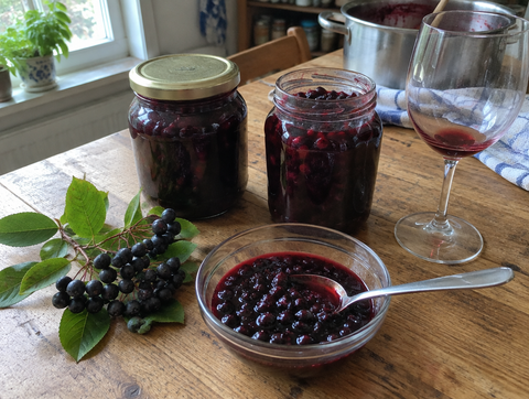 Aronia berry compote in jars and a bowl, with fresh aronia berries (symbolic image)