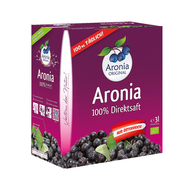 3-Liter-Saftkarton Aronia 100% Direktsaft, roter Störer "100 ml täglich!", Hinweis "aus Österreich", Bio-Siegel