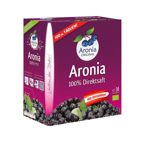 3-Liter-Saftkarton Aronia 100% Direktsaft, roter Störer "100 ml täglich!", Hinweis "aus Österreich", Bio-Siegel