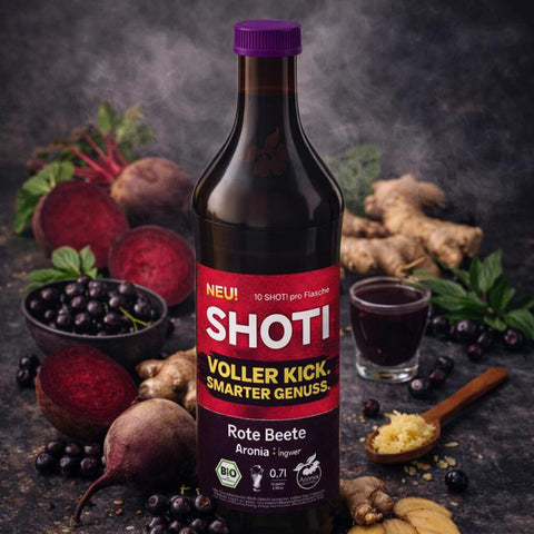 Dunkle SHOTI-Saftflasche mit violettem Deckel, umgeben von aufgeschnittener Roter Bete, Ingwer und Aroniabeeren