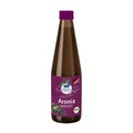 Glasflasche mit dunklem Aronia-Direktsaft, lila Etikett und Verschluss, Beerenmotiv, Bio-Siegel